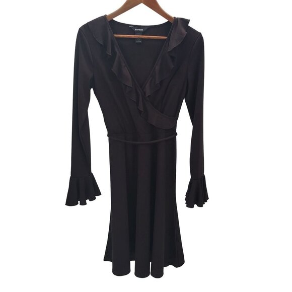Express Womens Long Bell Sleeve Surplice Ruffle‎ Dress Sz 5/6 Brown Midi V-Neck - Picture 3 of 14